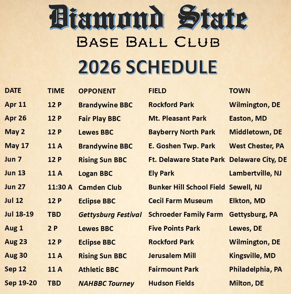 Diamond State 2026 Schedule Delaware vintage base ball
